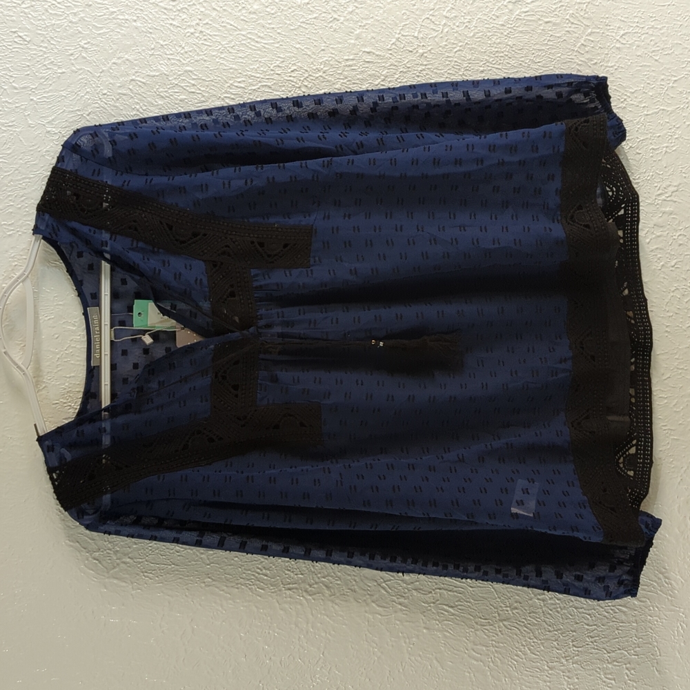 NWT Navy blue sheer crochet detail textured blouse